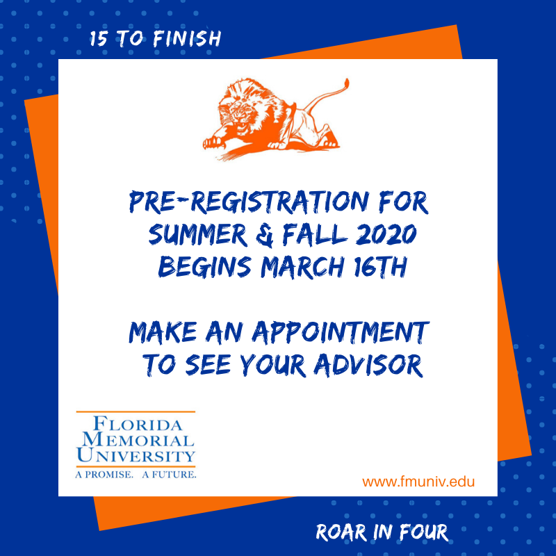FmuIroar's tweet photo. Get ready to ROAR in the Summer and Fall semesters at @FLMemorialUniv . Pre-registration opens Monday. Contact your advisors and get ready to beat the rush. #iROARin4 #15toFinish https://t.co/u0QZgkFMki