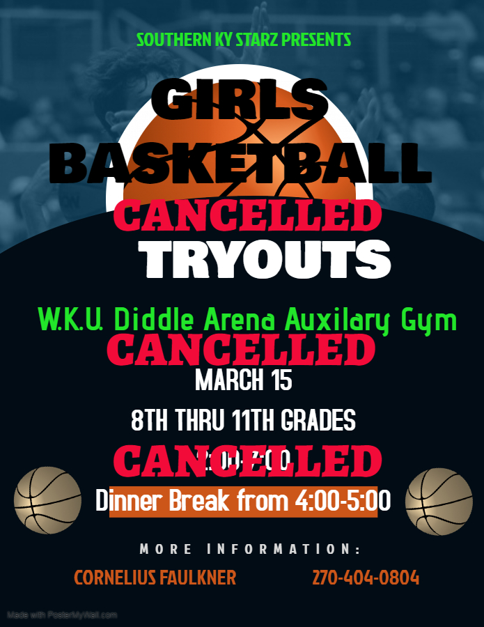 SOUTHERN KY STARZ TRYOUTS CANCELLED
WE WILL LET YOU KNOW A NEW DATE, TIME AND LOCATION AS SOON AS POSSIBLE