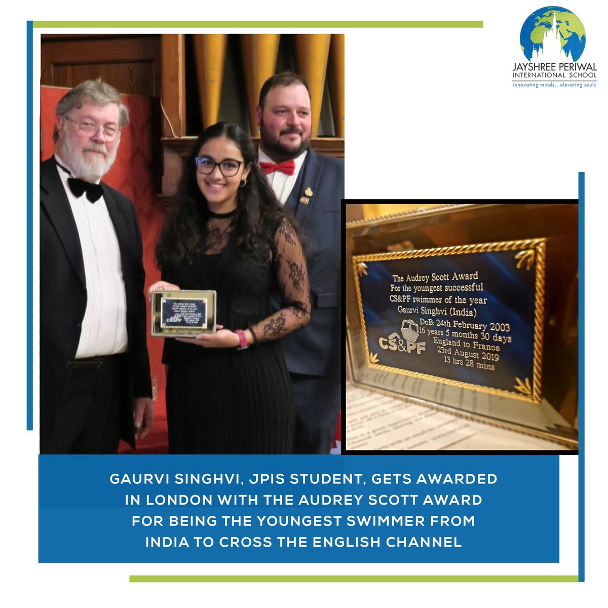 Gaurvi Singhvi, JPIS Student, gets awarded in London with the Audrey Scott Award for being the youngest swimmer from India to cross the English Channel.