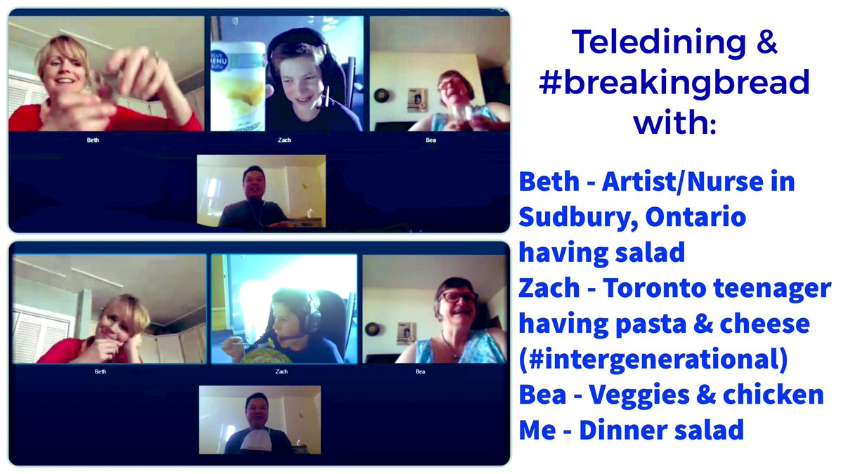 rb33canada's tweet photo. With #SocialDistancing & risks of #socialisolation growing, we can continue creative ways 2 reduce some stresses
Been doing online meals I call #teledining for a few years w/ friends internationally as one way to stay connected
Consider virtually #breakingbread
๐ฉโ๐ป๐๐จ๐ปโ๐ปโ๏ธ๐ง๐พโ๐ป๐ฝ https://t.co/tcJNrD8Gpg
