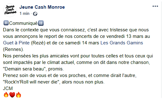 JeuneCashMonroe's tweet photo. Communiqué➡️report de nos concerts à Rezé et Rennes de ce soir et demain.
#COVIDー19 #Nantes #Rennes 
https://t.co/jq0XnZyoc8 https://t.co/UrxWJp7z5v