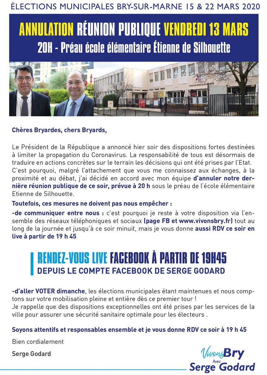 BryEnMarche's tweet photo. 🛑Annule et remplace🛑
Facebook live de @godardserge à 19h45
suite aux annonces présidentielles et à l’actualité, nous annulons la réunion publique de ce soir et la remplaçons par un Facebook live du candidat à partir de 19h45
➡️prétendre aux responsabilités, c'est savoir décider https://t.co/NDw8WUerRk