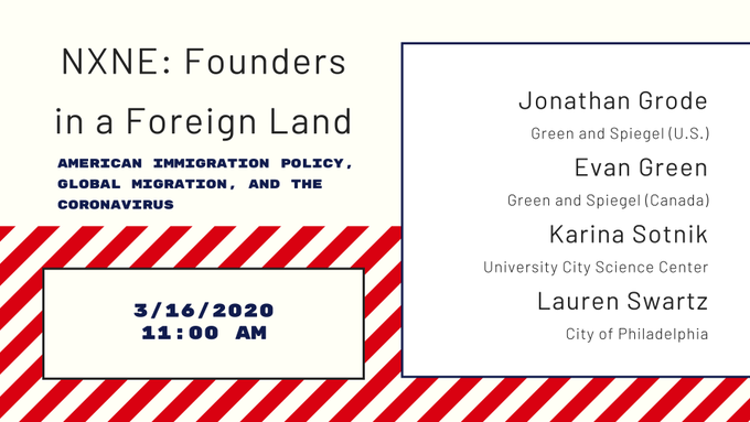 GreenAndSpiegel's tweet photo. The SXSW conference in Austin, Texas has been cancelled due to concerns surrounding the #Coronavirus. Our presentation, “Founders in a Foreign Land” will be broadcast via webinar. Register here https://t.co/EXuxljX37S #AmericanImmigration #GlobalMigration #GreenSpiegelUS https://t.co/OTX9SXYLOM