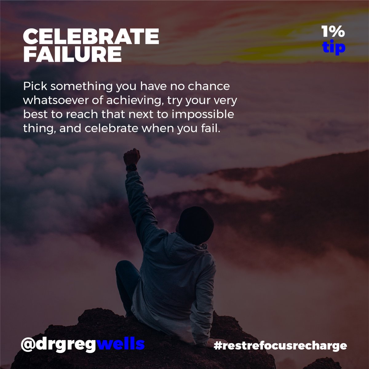 drgregwells's tweet photo. Your 1% Tip: Celebrate failure. Making mistakes and falling short is a great way to learn.

Tip is from my new book: https://t.co/YUTlpmB9kQ

#restrecoverrecharge #sharpenyouredge #therippleeffect #failureproject https://t.co/7ABqKASAaK