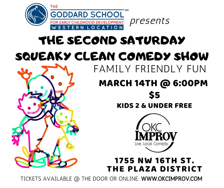 okcimprov's tweet photo. DON'T FORGET it's family-friendly fun TOMORROW (3/14/20) with @okcimprov's Squeaky Clean Comedy Show @ 6:00pm! Only $5 per person. TIX available on-line @ https://t.co/Lh2WV2NXx6 or at the door! #SqueakyCleanComedy #FamilyNight #PlazaProv https://t.co/9cPc6vHC0n