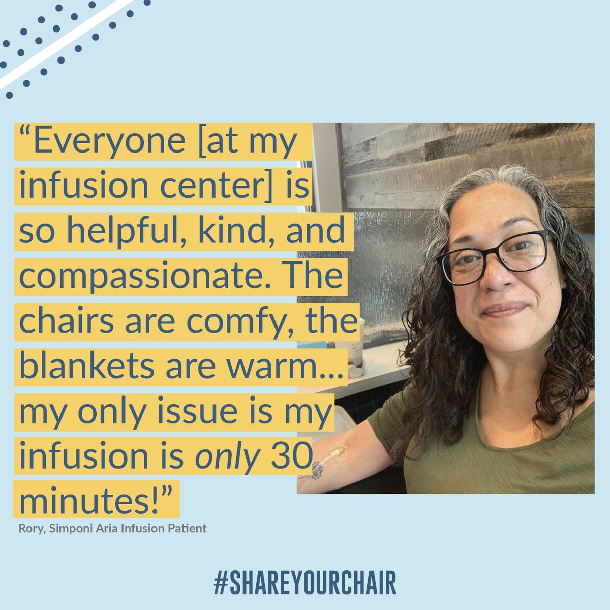 infusioncenter's tweet photo. Rory received her first infusion for #SimponiAria last month and is already a total #ShareYourChair superstar! "[Everyone] is so helpful, kind, and compassionate." We love that your first treatment was a comfortable success! Share YOUR story with the hashtag #ShareYourChair. https://t.co/LEZ4IJSqsM