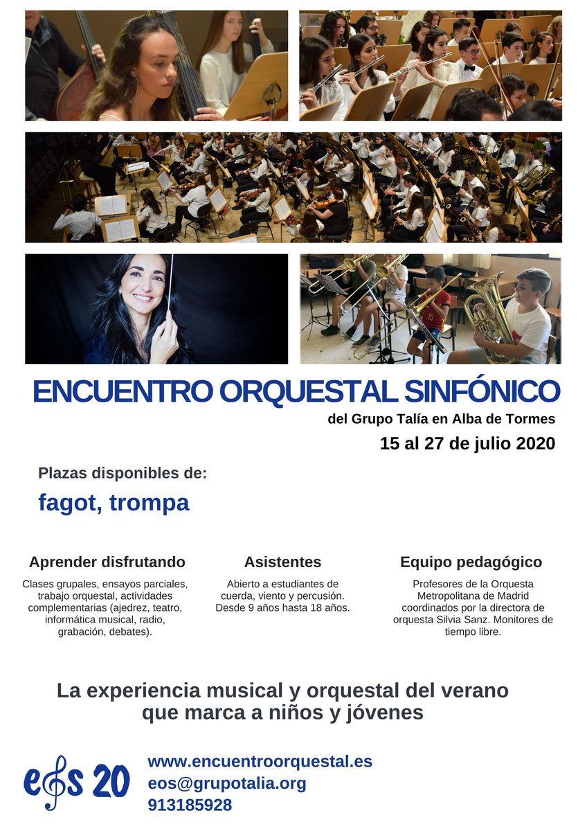 GrupoTalia's tweet image. El Encuentro Orquestal Sinfónico de Alba de Tormes #EOS20 cumple 10 años en la edición que se celebrará del 15 al 27 de julio. Ya hay muchos inscritos pero quedan plazas para trompa y fagot 

nuevo.encuentroorquestal.es