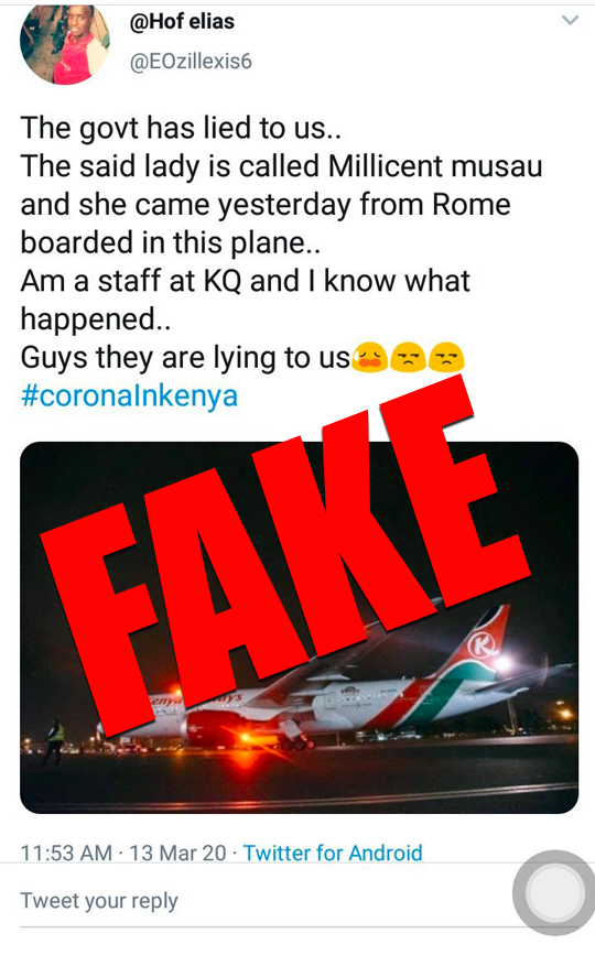 KenyaAirways's tweet photo. FACT: The passenger was not on board any of our services. 

Do use social media responsibly &amp; refrain from sharing false or unverified information that may cause unnecessary panic

Here is a link to some useful information from @WHO  https://t.co/7jKK0dRza7 https://t.co/n7QDtFSx47