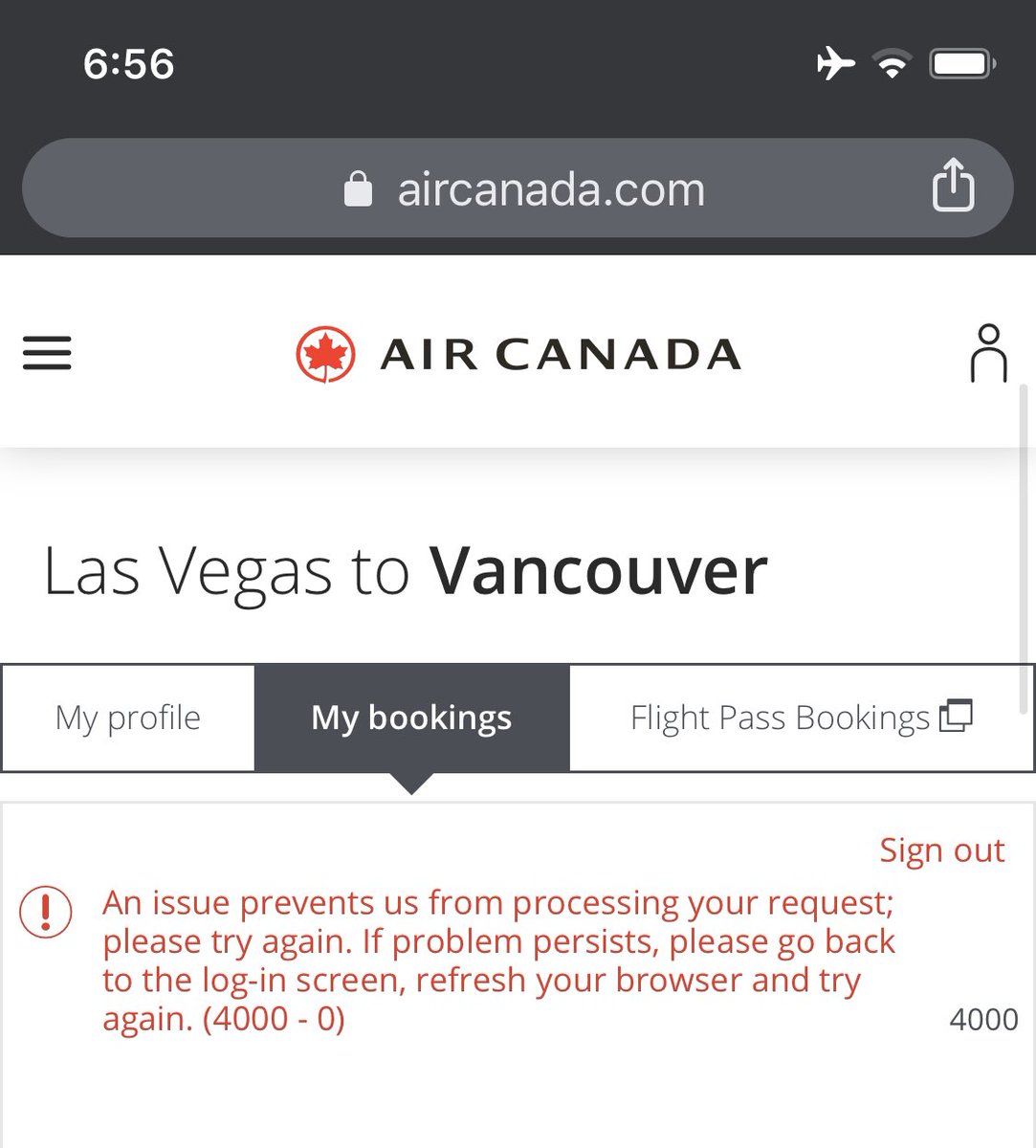 Trying to reschedule my flight ticket from LAS to YVR.  #aircanada website shows me an error message every single time. Just let me go home early!!!
