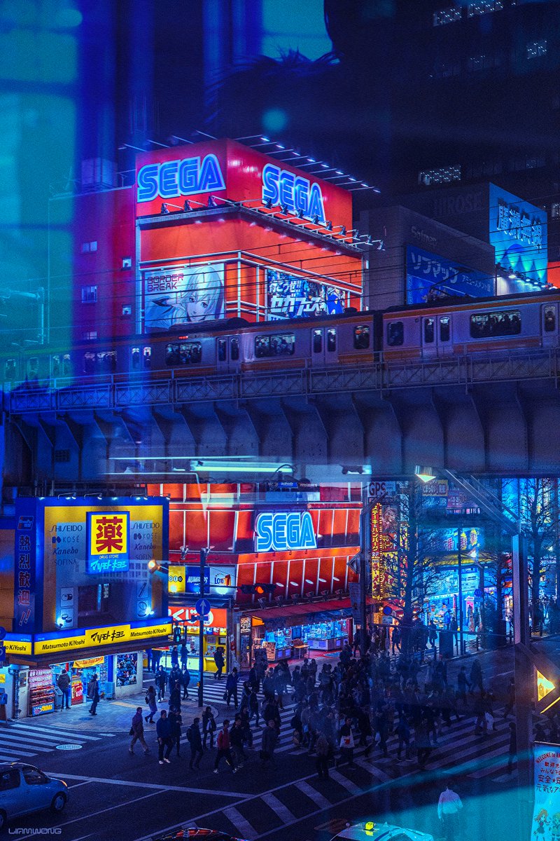 A photograph of Tokyo at night. Taken in Tokyo's anime district. A large arcade reads SEGA. It's red and blue in color. A train passes by on a large overhead track with cars and people passing below.