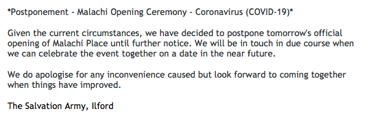 *Postponement - Malachi Opening Ceremony - Coronavirus (COVID-19)*