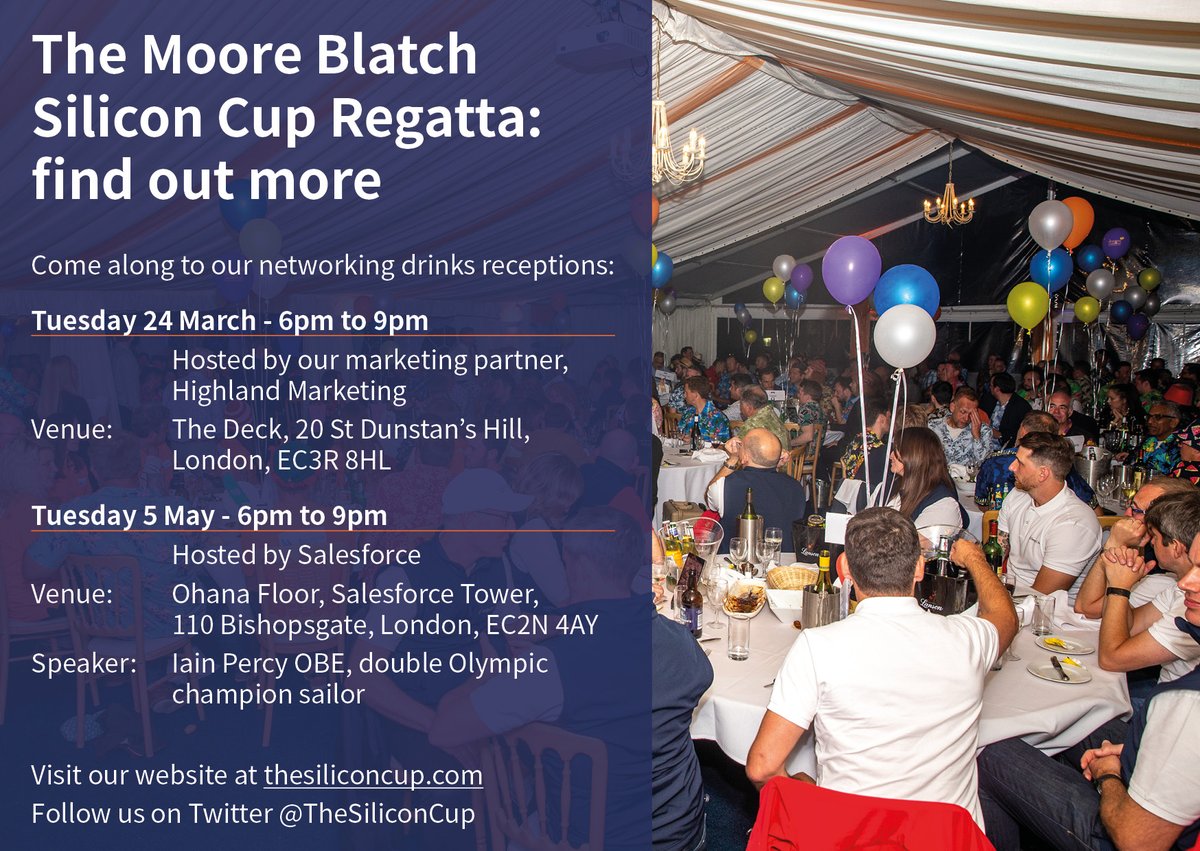 The #SiliconCupRegatta is the largest #sailing regatta for the #IT industry. 

Our next free networking drinks will be hosted by 
<a href="/HighlandMarktng/">Highland Marketing</a> on 24 March at The Deck, <a href="/OSiTMonument/">OSiT Monument</a> <a href="/OSiTown/">OSiT®</a>, London

Come along to hear more about the 2020 event bit.ly/38H1Mxq ⛵️