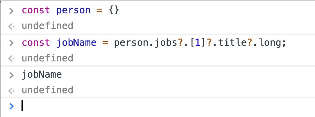wesbos's tweet photo. 🔥 Optional Chaining (deep property checking) is now in Chrome, Firefox and babel-preset-env 7.8.0.

This is a huge improvement in checking if nested properties exist! https://t.co/ypmHeQ8rGw