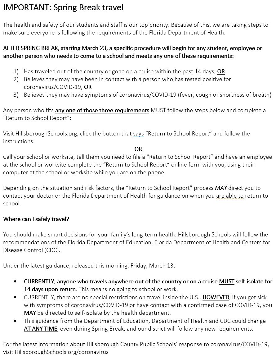 HillsboroughSch's tweet photo. IMPORTANT Spring Break Travel information:
New state rule: After traveling out of USA OR going on a cruise, ALL MUST ISOLATE 14 days before returning to school. For latest updates: https://t.co/w5lm7zZxdg https://t.co/E20sx9IZoH