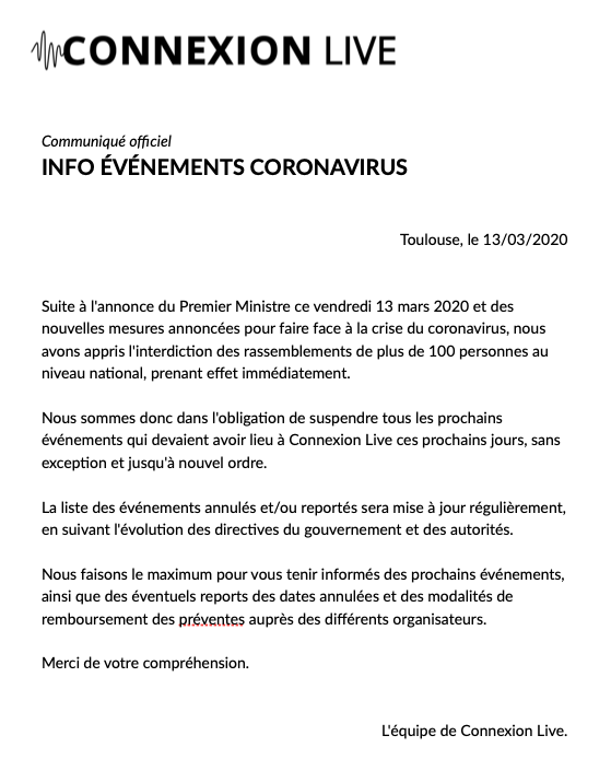COMMUNIQUÉ - #CORONAVIRUS : Annulation de tous les prochains événements jusqu'à nouvel ordre.