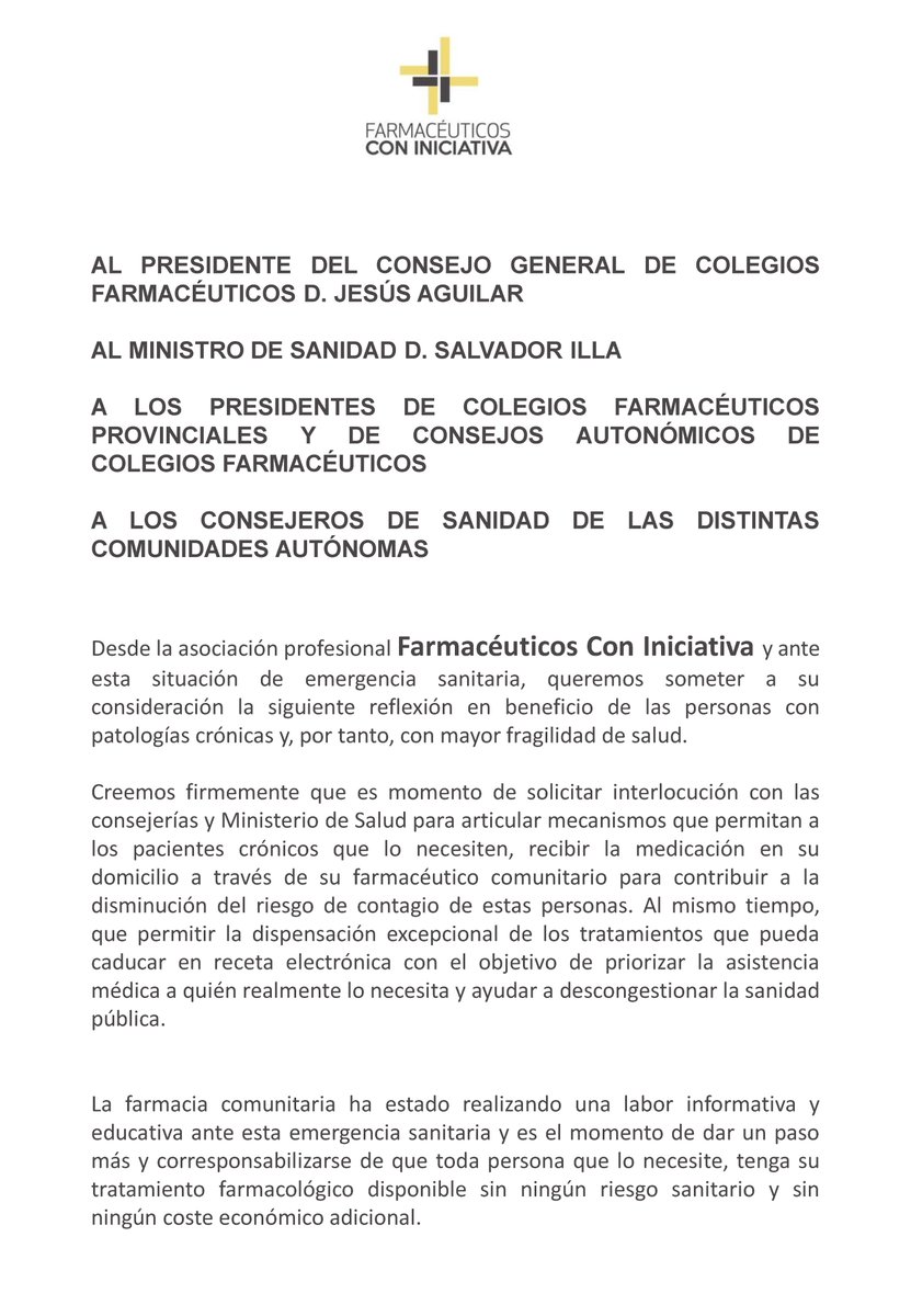 Comunicado de la Asociación Profesional Iniciativa Farmacéutica en relación al Coronavirus.

<a href="/Farmaceuticos_/">Consejo General Colegios Farmacéuticos</a> <a href="/saludand/">Consejería de Sanidad, Presidencia y Emergencias</a> <a href="/CACOF_/">CACOF</a> <a href="/COF_Sevilla/">COF Sevilla</a> <a href="/COFCadiz/">COF Cádiz</a> <a href="/cofcordoba/">COF Córdoba</a> <a href="/cof_avila/">Colegio Oficial de Farmacéuticos de Ávila</a> <a href="/BadajozCof/">CofBadajoz</a> <a href="/sanidadgob/">Ministerio de Sanidad</a> <a href="/salvadorilla/">Salvador Illa Roca</a> <a href="/PresidenteCGCOF/">Jesús Aguilar</a> <a href="/CofHuelva/">COF Huelva</a> <a href="/COFJaen/">Farmacéuticos Jaén</a> <a href="/CofAlmeria/">COFAL</a> <a href="/CofHuelva/">COF Huelva</a>