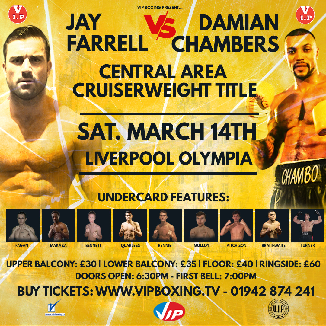 Tomorrow night we have a huge domestic clash between 2 Cruiserweights! <a href="/boxer_farrell/">Jay Farrell</a> v <a href="/damianchambo/">CHAMBO</a> for the vacant Central Area Title! What a domestic dust up we have! #boxing #liverpool #title #vipboxing