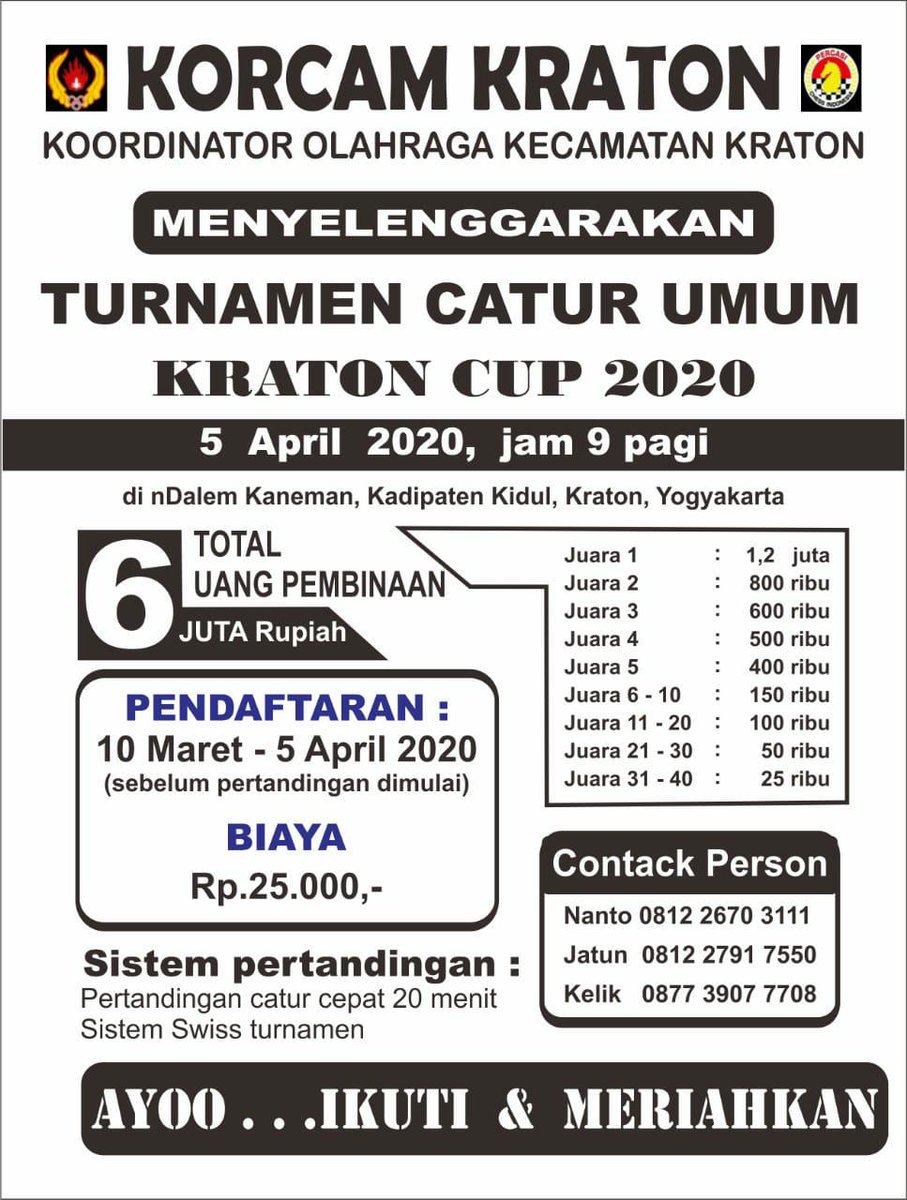 semarchess's tweet photo. Turnamen catur Jogja 2020
5 April 2020 https://t.co/q5KW5b4AN5