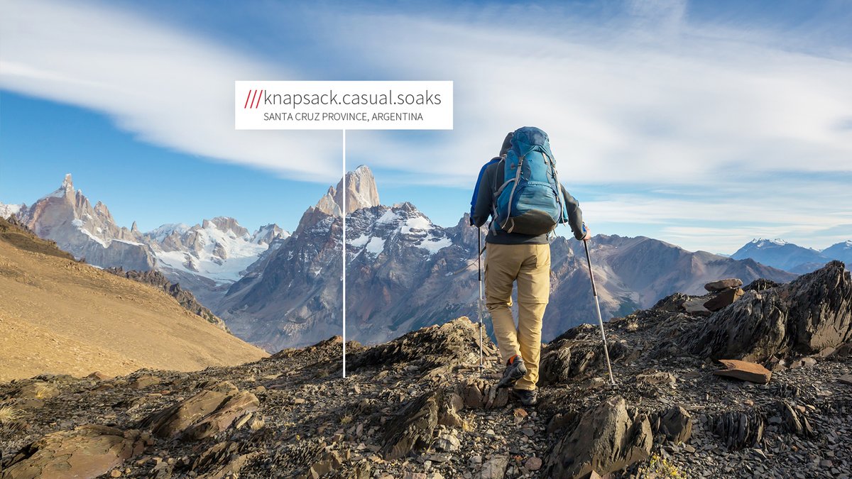 Hiker trekking through mountains in Argentina. what3words address reads knapsack casual soaks.
