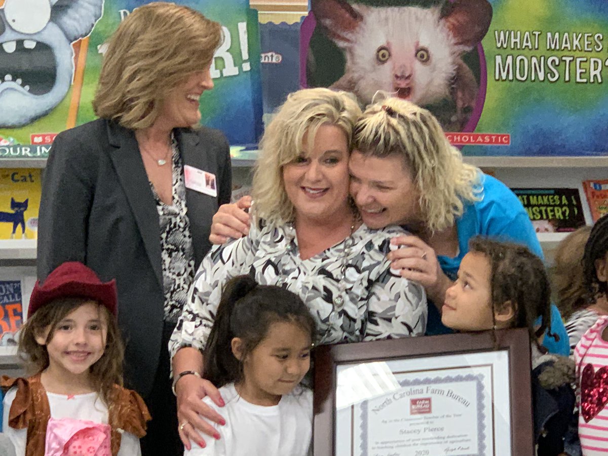 NCFarmBureau's tweet photo. It’s Ag Day at Perquimans Central School... what better time to tell Stacey Pierce @pqcentral that she is the @AgClassroom Teacher of the Year! Pierce teaches K &amp; 1st, integrating ag through all subjects! She also leads the school’s Ag Day. Congratulations, Stacey! #NCFarmBureau https://t.co/VnsMtkIvgL