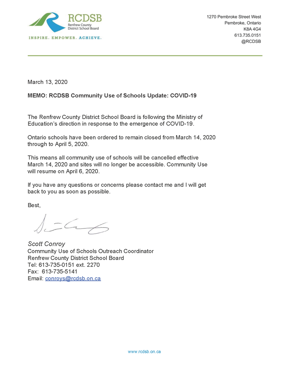 Effective Sat, Mar 14, 2020, all community use of school permits will be cancelled until April 5, 2020. All community users should have received notice via email.