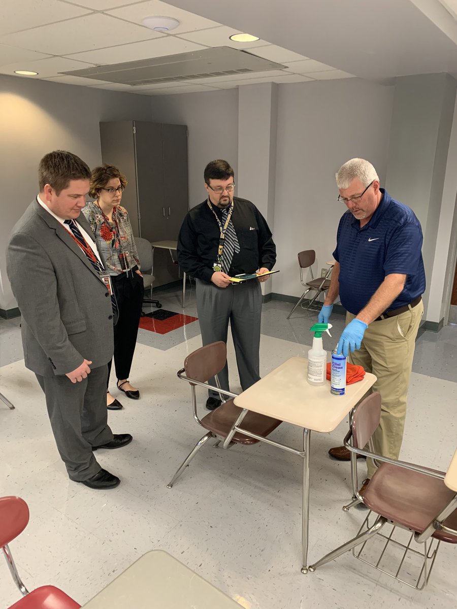 MoniteauD's tweet photo. Mr. Campbell met with admin today to review cleaning procedures and products to combat the spread of viruses.  I’m blessed to have such a committed and collaborative team!   Please be assured we are following all CDC and PDH guidelines.  Warrior 💪! @MoniteauWarrior @The_Teau https://t.co/v4CdokEjMy