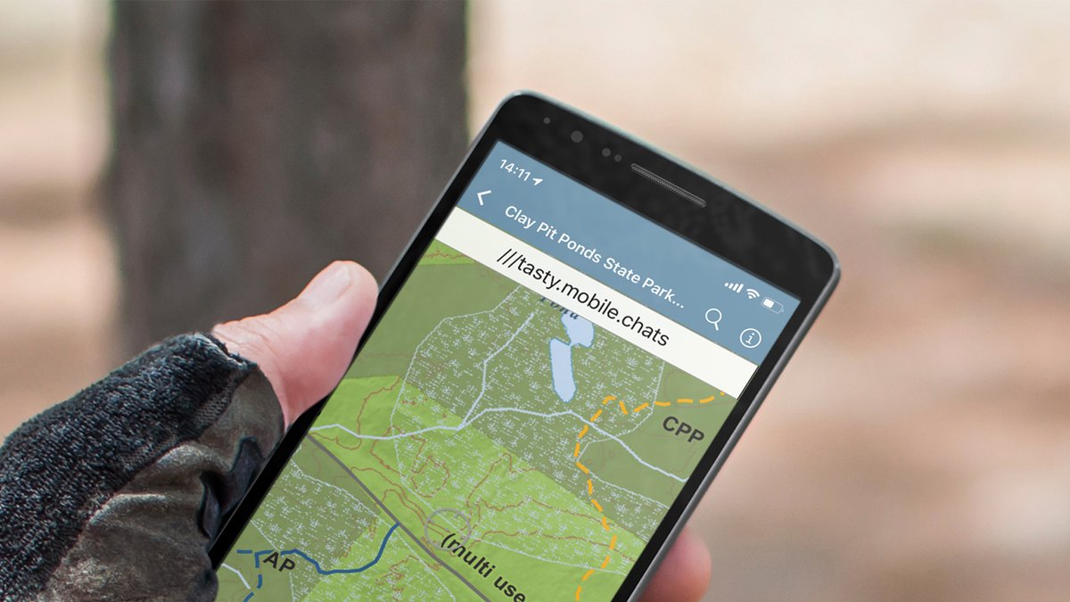 smart phone with avenza app open, showing a what3words address being used in the app.
