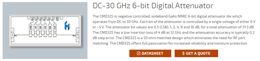 The CMD325 is negative controlled, wideband GaAs MMIC 6-bit digital attenuator die which operates from DC to 30 GHz.

custommmic.com/cmd325-digital…