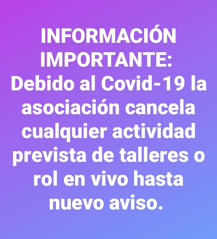 Desde hoy hasta nuevo aviso las actividades de la asociación quedan cancelados hasta nuevo aviso por el #covid19.
Seguid las recomendaciones dadas y las medidas higiénicas necesarias para evitar el virus. #YoMeQuedoEnCasa ¿Y vosotros?