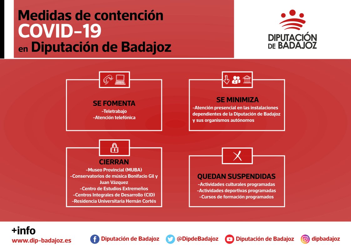 ⚠️ PLAN DE CONTINGENCIAS 
#DipBdjz #Covid_19 #coronavirus

#DipBdjz constituye un Comité de Coordinación #Covid_19, que prioriza el teletrabajo. Actúa en contacto con <a href="/Junta_Ex/">Junta de Extremadura</a>, @JuntaEx_Sanidad, <a href="/DiputacionCC/">DiputacionCC</a> y <a href="/fempex1/">Fempex</a>.

➕ℹ️ bit.ly/DipBdjzCovid19

⬇️ HILO ⬇️