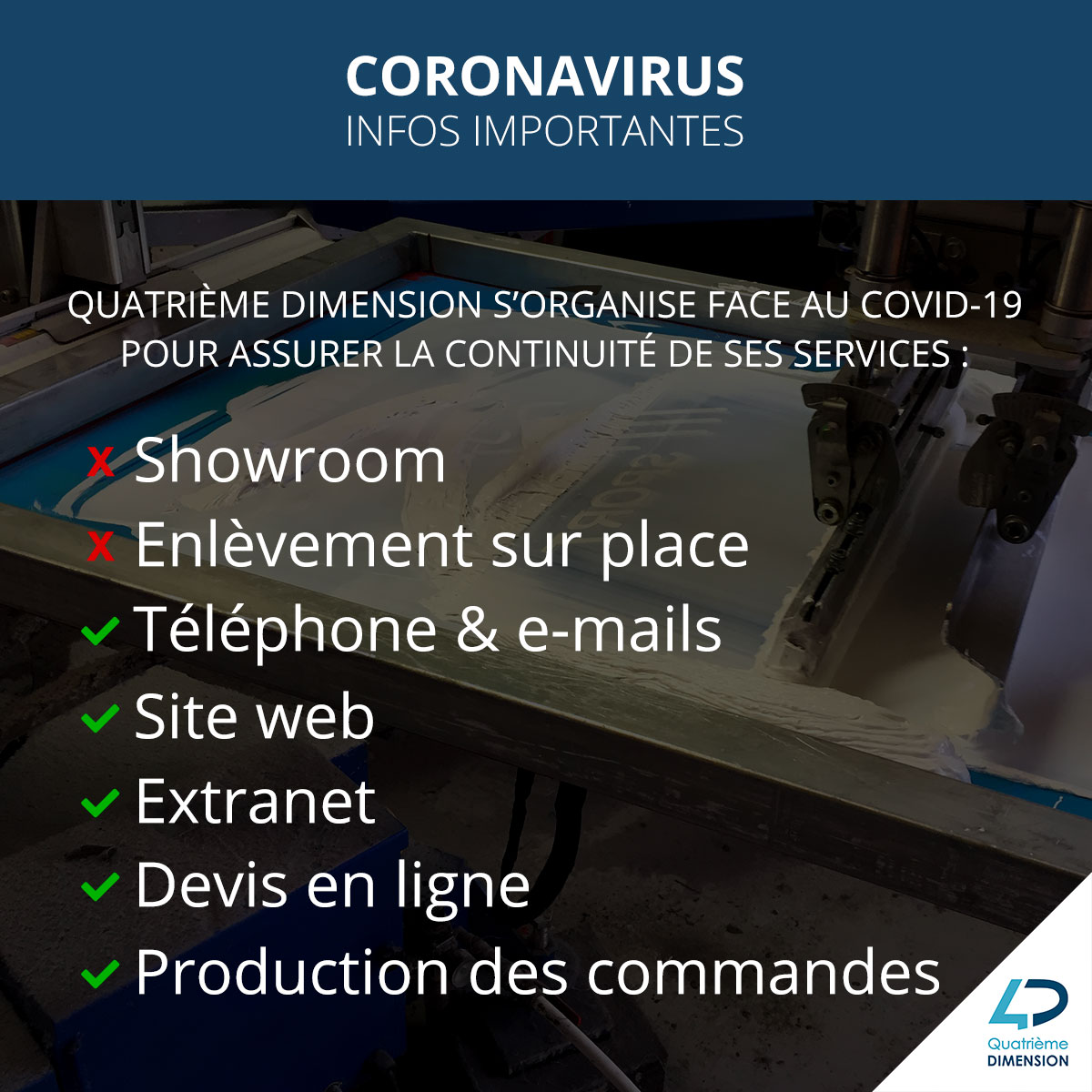 4_Dimension's tweet photo. #COVID19BE : Nos commerciaux &amp; graphistes seront en télétravail dès ce lundi 16/03. Notre atelier de production reste ouvert.

Pour vous, rien ne change :
☑️ Services tout aussi réactifs
☑️ Nous sommes joignables par téléphone &amp; e-mail
☑️ Délais de production identiques https://t.co/ymifIG0WpD