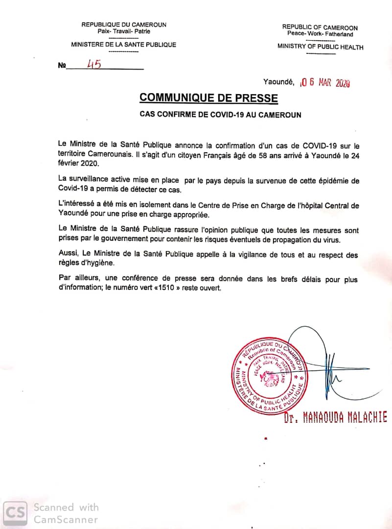 Le Gouvernement rassure que tout est mis en oeuvre pour confiner ce cas d'importation du coronavirus. Il y a aucune raison de céder à la panique. La situation reste sous contrôle. Les populations doivent simplement continuer à observer les regles usuelles d'hygiène