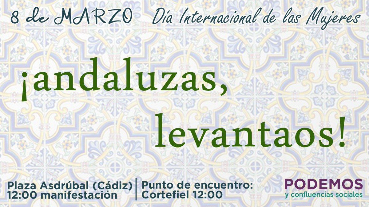 Este domingo #8Marzo estaremos presentes en la manifestación convocada por los colectivos #Feministas. Acudiremos con banderas de #PodemosSanFernando, si quieres venirte con nosotras te esperamos a las 12h >> #8M