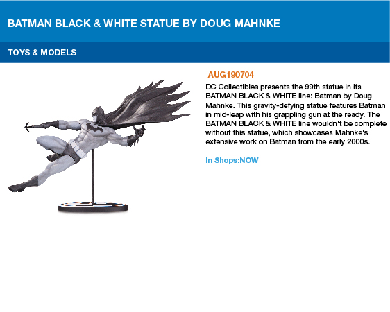 Batman Black &amp; White Statue by <a href="/TheDougMahnke/">Doug Mahnke</a>, DC Collectibles presents the 99th statue in its Batman Black &amp; White Statue line. This gravity-defying statue features Batman in mid-leap with his grappling gun at the ready. Out now at your Local Comic Shop