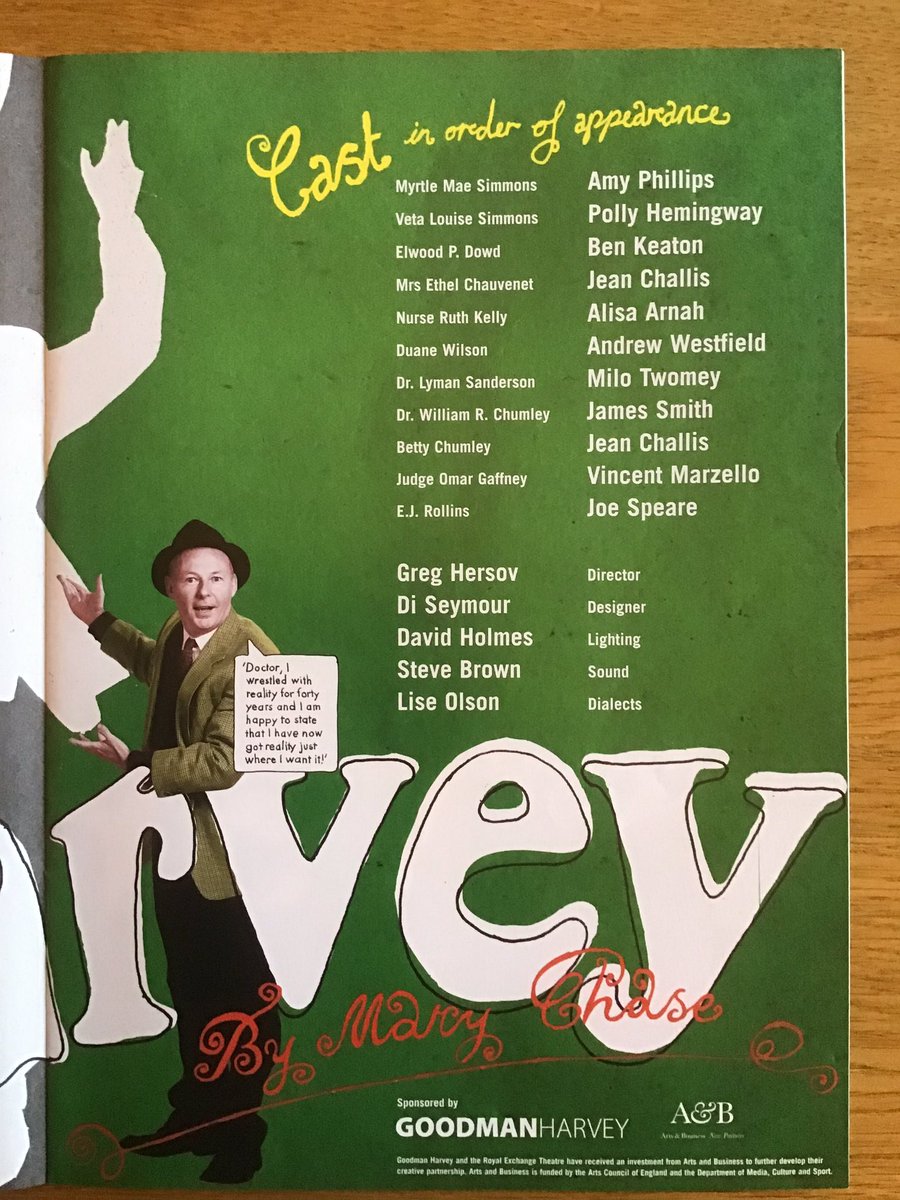 TheatreFlashba1's tweet photo. Looking back at old theatre programmes: Harvey. Dec 2005 @rxtheatre with @BenKeaton3 @AmyPhillips_ @BikingPolly #milotwomey #jeanchallis @ArnahAlisa #AndrewWestfield #jamessmith #vincentmarzello @joespeare55555 https://t.co/i9Gi499x1r