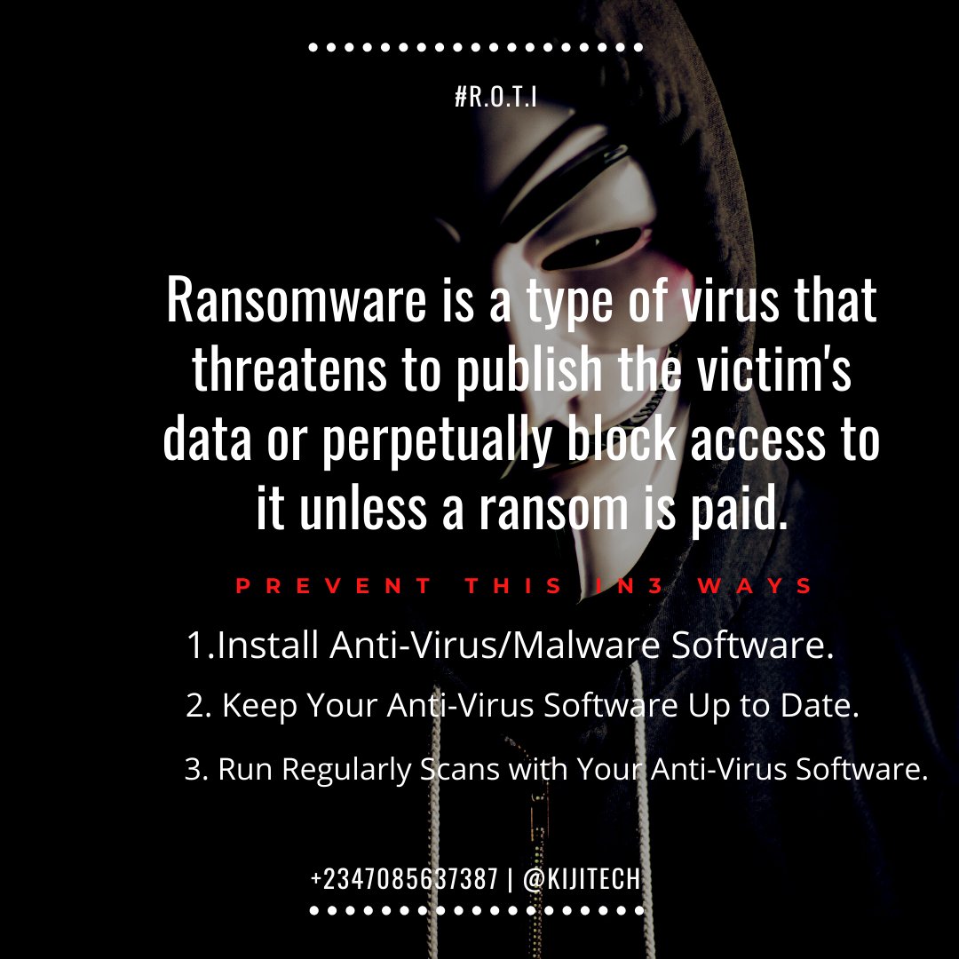 kijitech's tweet photo. Ransomware is a type of virus that threatens to publish the victim's data or perpetually block access to it unless a ransom is paid.
#hackingtools #hacker #ethicalhackers #itsecurity #termux #whitehathacker #malware #malwarebytes #antivirusandmalwares #rulesoftheinternet #reha https://t.co/VgYMhzODl7