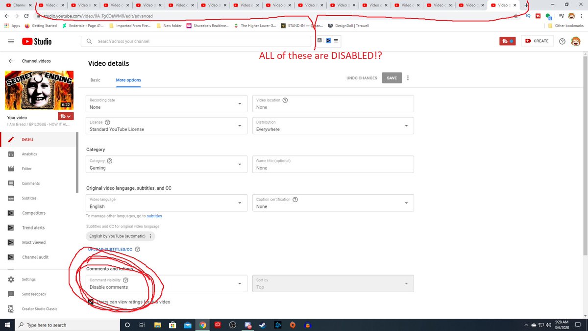 Shweebe's tweet photo. @TeamYouTube I NEVER disable my comments. Every single new video that comes out is immediately disabled no matter the setting I put on there. And these in the picture are older videos that are getting disabled! I have YT on PC and Mobile. Any help? https://t.co/4iaCL9qpO8