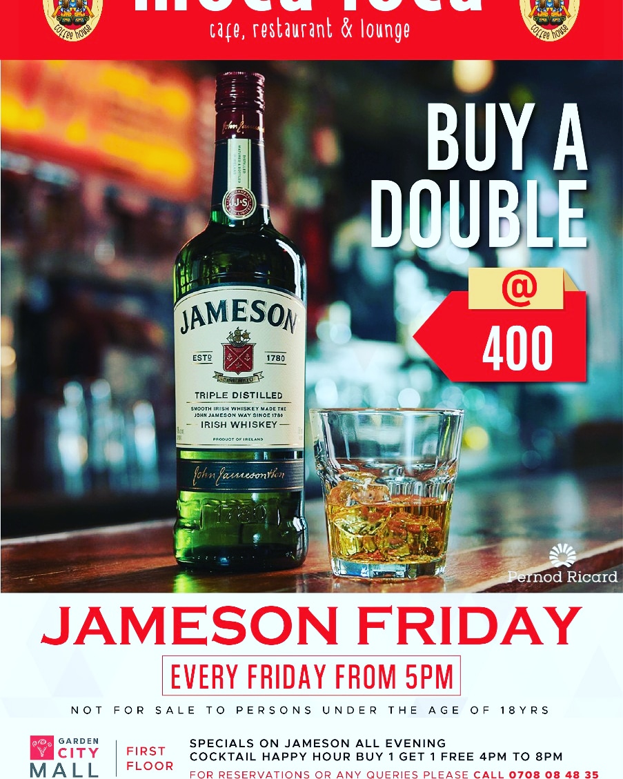mocaloca_ke's tweet photo. TGIF! Jameson offers! 2 for 1 Cocktails. First Friday plan. Happy Hour vibes.

#jamesonwhiskey
#241cocktails🍹
#fridayhappyhour
#firstfriday 
#mocaloca
#gardencitynbi https://t.co/hBbFyYfyTU