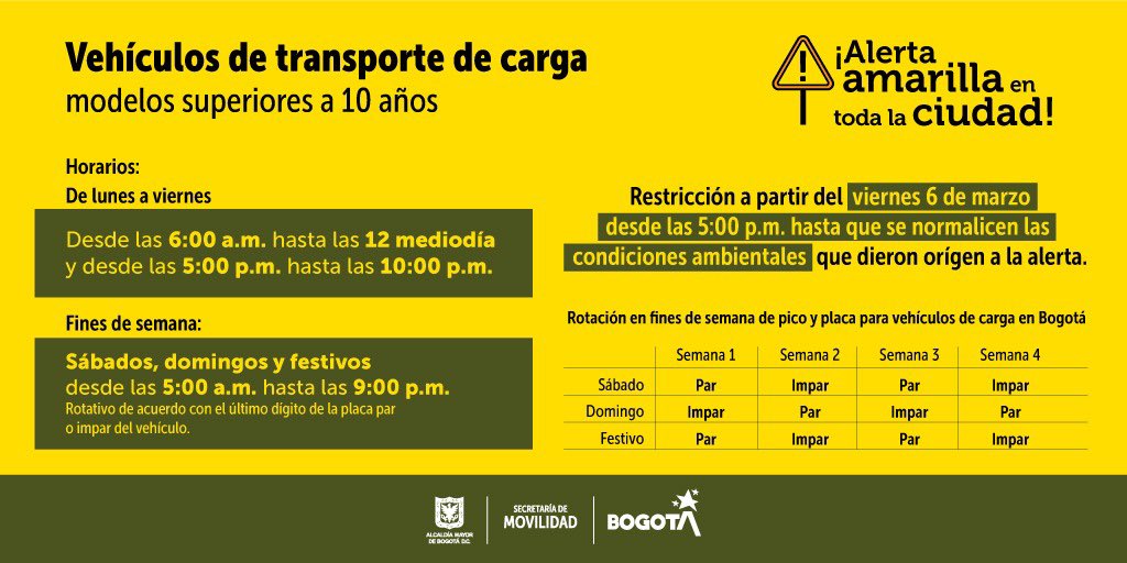 Movilidad Bogota On Twitter Por Alerta Amarilla En Bogota A Partir De Las 5 00 P M Del Viernes 6 De Marzo Los Vehiculos De Transporte De Carga De Modelos Superiores A 10