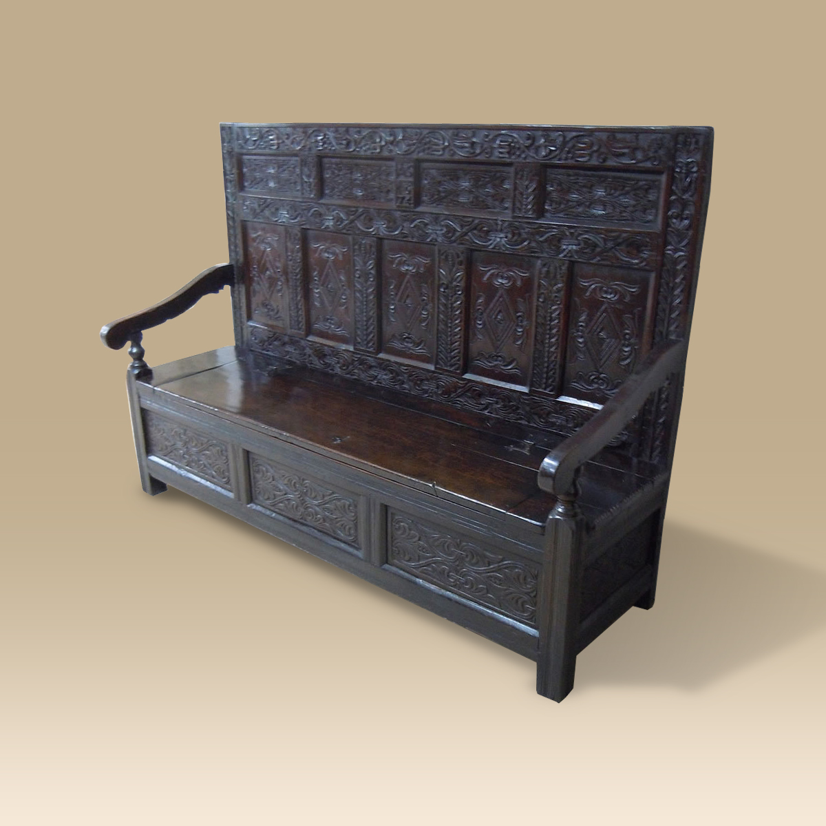 antiqueoakuk's tweet photo. A rare #periodoaksettle profusely carved and dated 1674 with the initials 'AS'. Fitted with a box base and hinged lifting seat and raised on extending stile supports . 
https://t.co/ILt4DF3RB8
@AntiqueStreet @HouseDecorUK @antiques_atlas @ParinoAntichita @Regent_Antiques https://t.co/WpO2k1YJIH