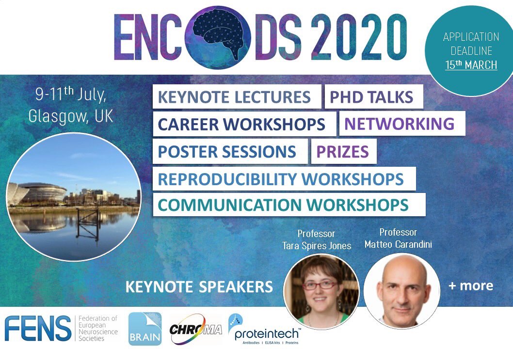 encods2024's tweet photo. #ENCODS2020 in #Glasgow is still open for registration! 🧠
Join our satellite #FENS2020 conference for #PhDs & #ECRs!
DEADLINE: 15th March ‼️⏰
👉 Apply now at: https://t.co/ILklCGN1ry https://t.co/eXjfDHa2my