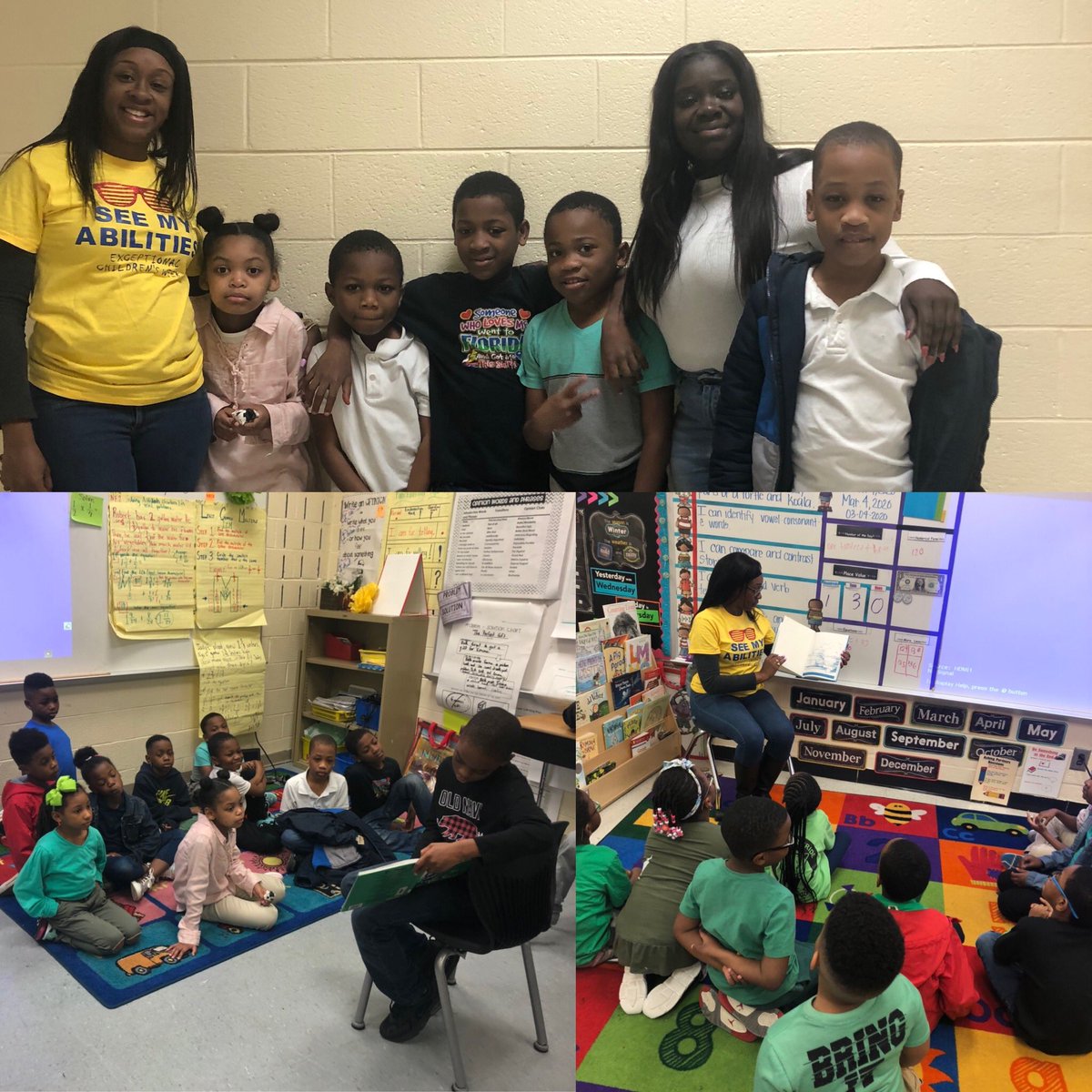 ShateemaTimes3's tweet photo. Read Across America meets Exceptional Children’s Week!!Dallus did great!😍 It’s RHYME TIME!! @ThatTeacherMsW 1st graders identified rhyming words as I read. Thanks @MsParham1 for the cute shirt! #seemyabilities @NancyJe19872095 @DrLett_SLLewis @CSTHeartAtWork  @FCS_SEC https://t.co/JtgGHAi3jw