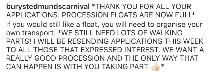 BSE_Carnival's tweet photo. *** PROCCESSION FLOATS ARE NOW FULL **
——————————
🎭 Read info below as we still need other types of participants in the procession. Email: bsecarnival@gmail.com for further info. 😎 
—————————-
#BuryStEdmundsCarnival #BuryStEdmunds #WeReallyLoveBuryStEdmunds @Lewisosd https://t.co/e6ACzi0Dzb