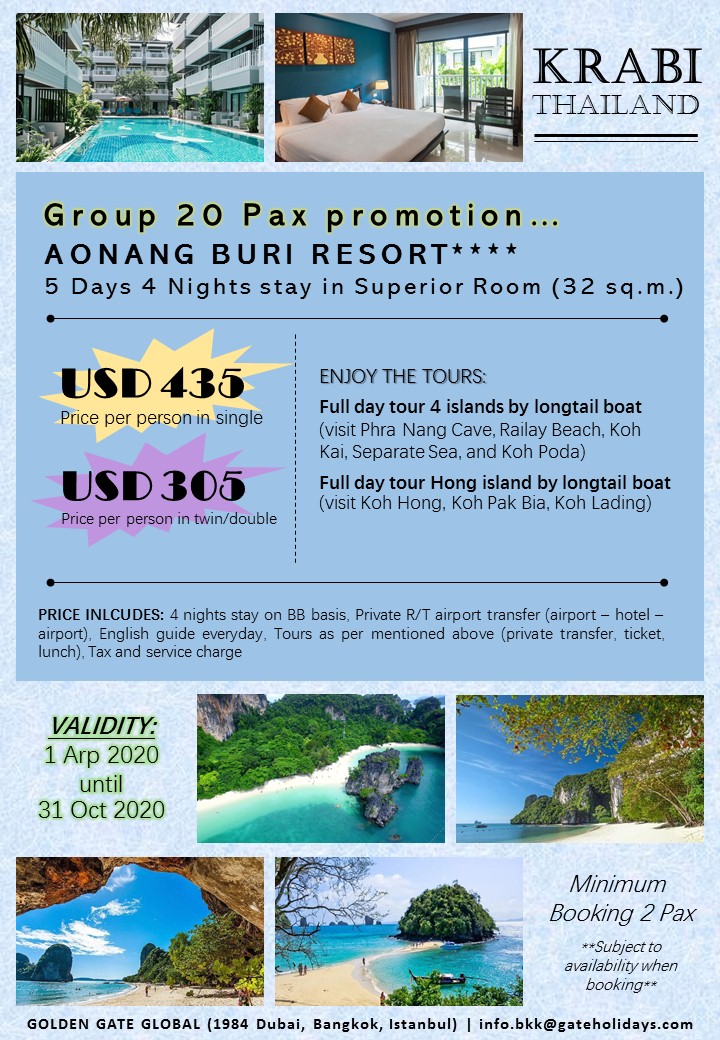 gateholidays's tweet photo. Group package promotion!!!
5 Days 4 Nights in Krabi, Thailand
Valid: 1 Jun - 31 Oct 2020
** Minimum booking 20 pax **

Contact: info.bkk@gateholidays.com
Website: https://t.co/F04t2Sy5Qb
(FOR AGENT PARTNER ONLY)
#krabi #thailand #travel #group #package #leisure https://t.co/5BqoM93UdD
