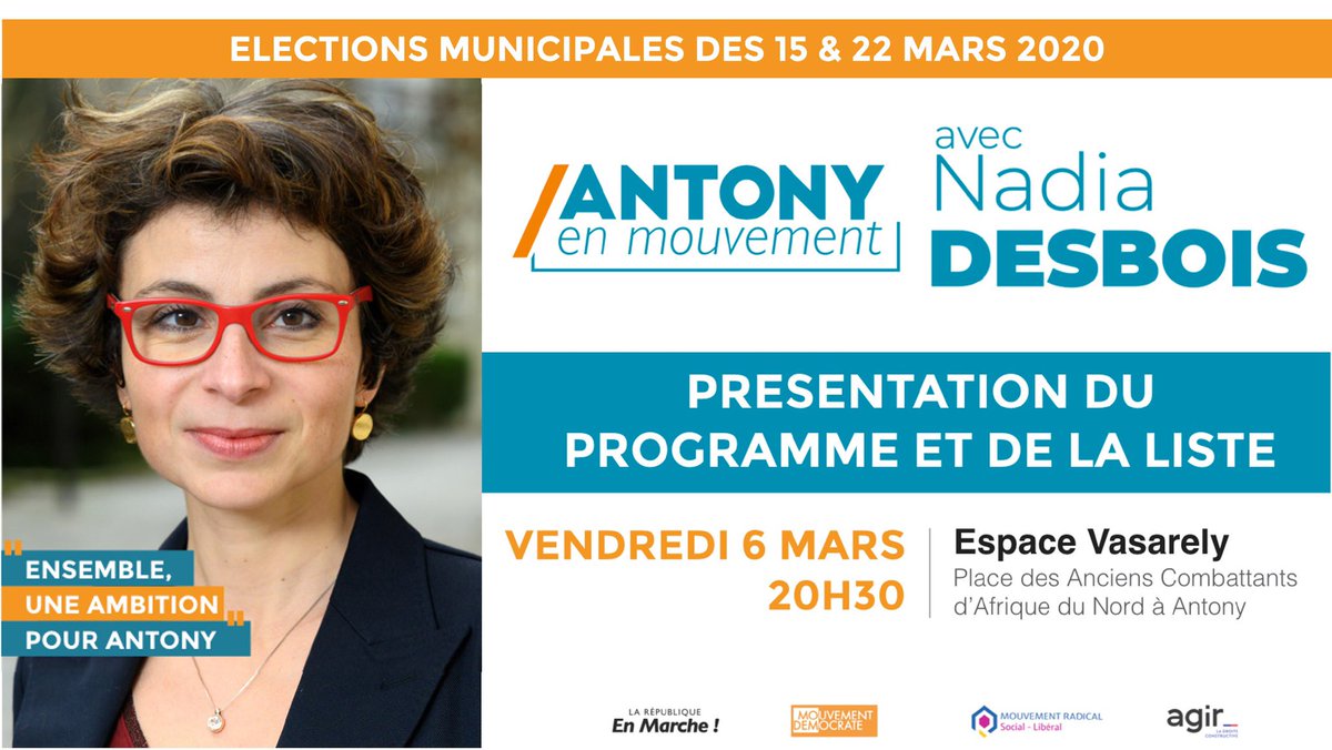 DesboisNadia's tweet photo. Ravie de vous retrouver nombreux ce soir à l'Espace Vasarely vous présenter notre équipe @AntonyMouvement et échanger autour de notre projet pour #Antony ! #NouvelleAmbition #Municipales2020 https://t.co/LxpVW6MaHD