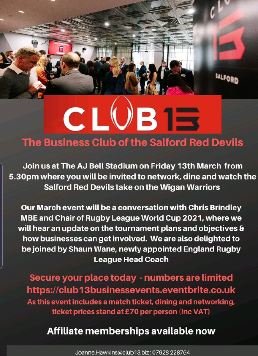 Only a few tickets remain for next weeks first match day event prior to the <a href="/SalfordDevils/">Salford Red Devils 👹</a> v <a href="/WiganWarriorsRL/">Wigan Warriors 🍒⚪️</a> game.

Delighted to be joined by England Coach Shaun Wayne and @RLWC2021 Chair Chris Brindley MBE 

Email- Joanne.Hawkins@club13.biz