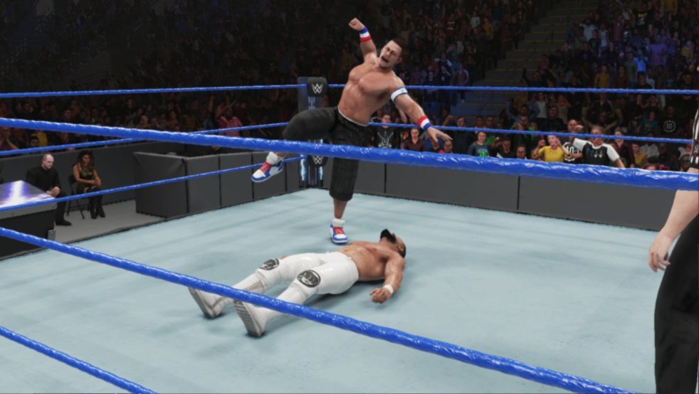 floydbanks2k26's tweet photo. The #JohnCena #USOpenChallenge had @AndradeCienWWE and @JohnCena do battle for the #UnitedStatesTitle.  But in the end, an Attitude Adjustment from the top rope is in play.  #AndradeCienAlmas #XboxOne #XboxShare  #WWE2K19 #ZelinaVega #JohnCena https://t.co/YhbTt1qZnz