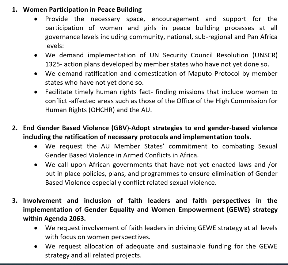 AaccCeta's tweet photo. The panel discussion delved into the communique , the following are our #KEYASKS as we commemorate the #IWD2020 and further #worlddayofprayer #EachforEqual https://t.co/oxZ9YIOzR1