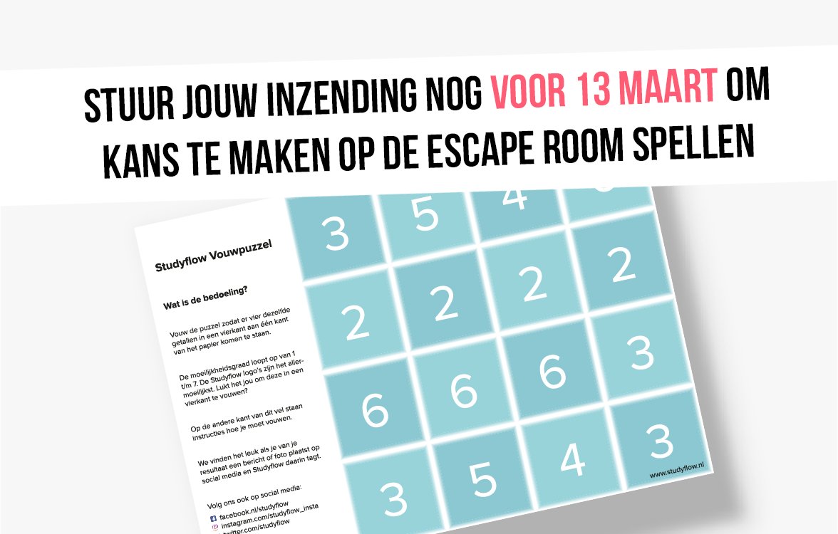 Studyflow's tweet image. De winactie van de Studyflow vouwpuzzels is bijna afgelopen. We hebben al leuke inzendingen gehad. Wil jij onze puzzel proberen en meteen kans maken op 3× escape room spellen? Doe dan nog snel mee. Lees meer op studyflow.nl/vouwpuzzel