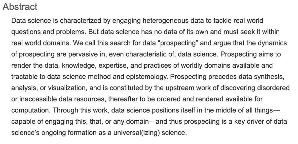 Prospecting (in) the data sciences— S.C. Slota, S.S. Hoffman, D. Ribes, G.C. Bowker(Big Data & Society) https://journals.sagepub.com/doi/full/10.1177/2053951720906849